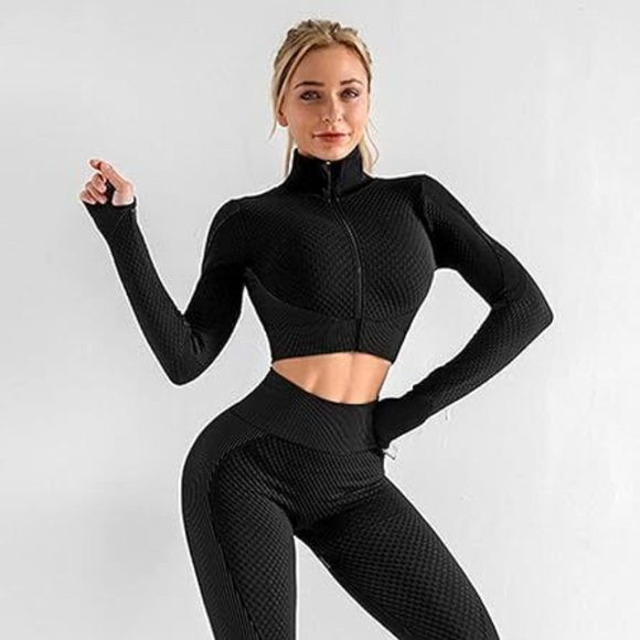 Women 3 PC Yoga Set Zipper Top Sport Suit Bra Workout Clothes Gym Fitness - Picture 6 of 9